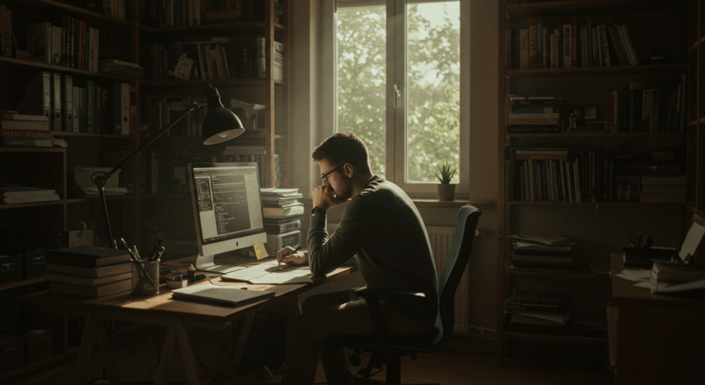A man sitting pensively at his computer.