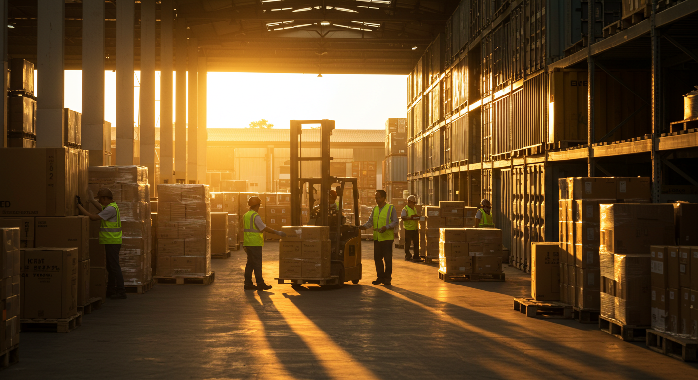 People in a warehouse unloading and moving around cargo.