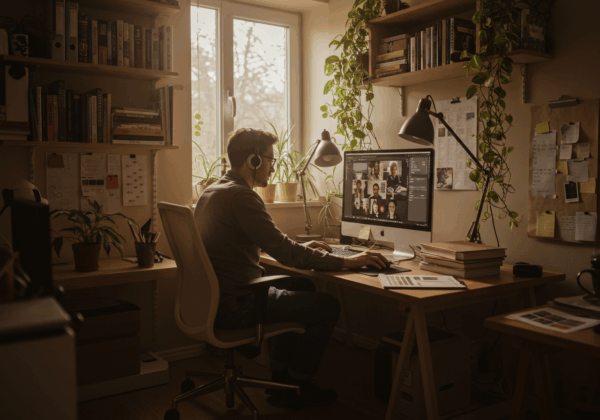 A member of a product team collaborating with colleagues remotely.