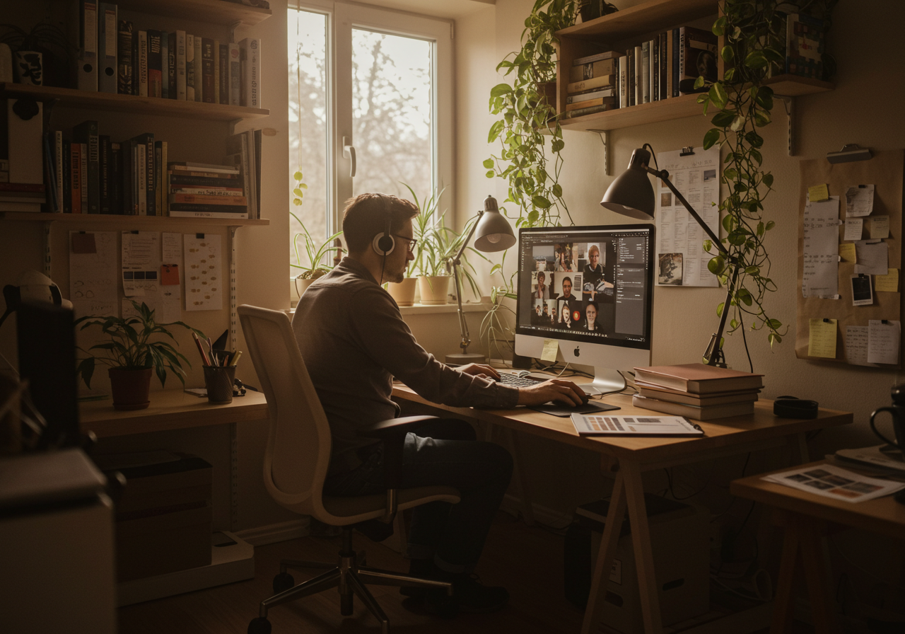 A member of a product team collaborating with colleagues remotely.