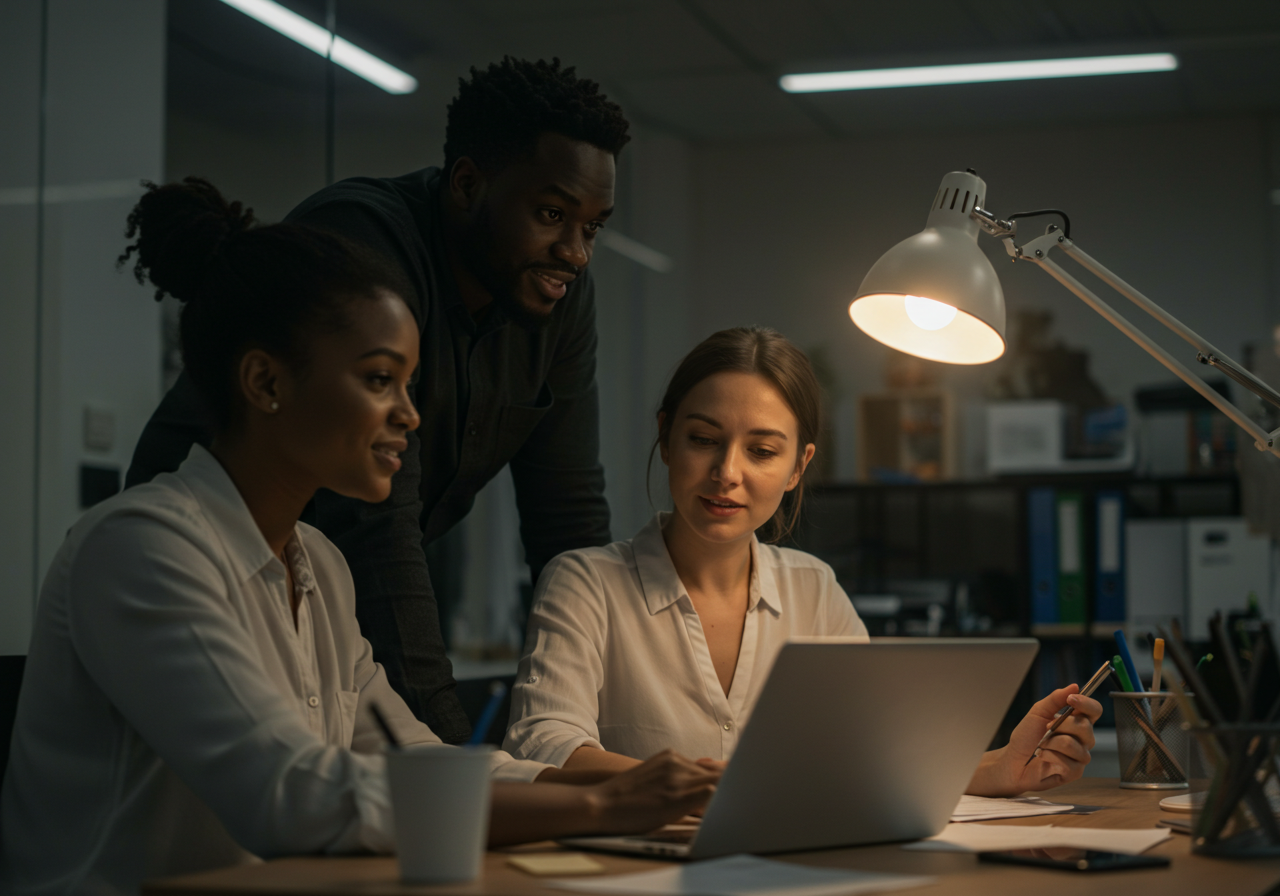 Three colleagues sitting at a desk working together.