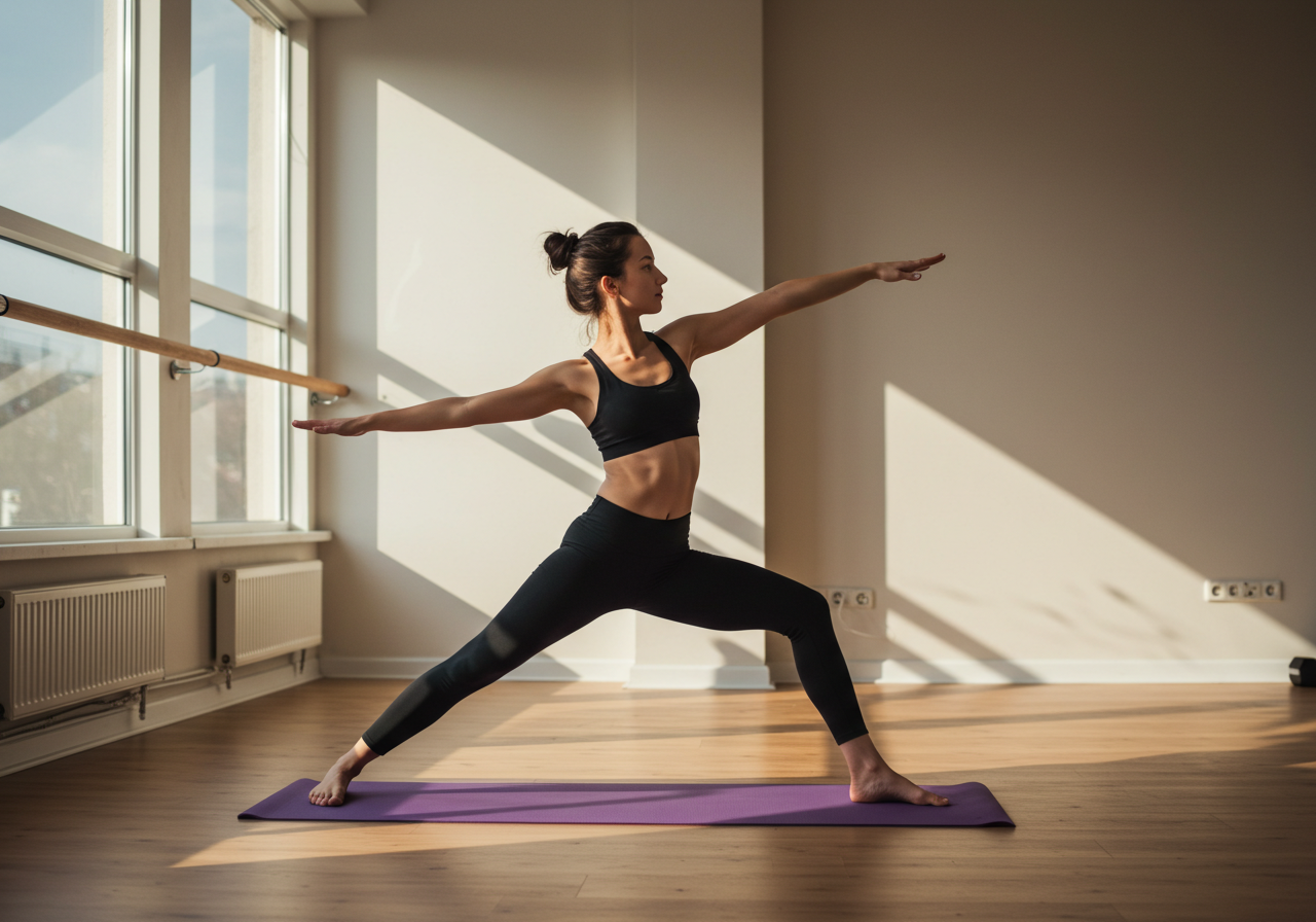 A woman doing yoga on a yoga mat by herself in a studio.