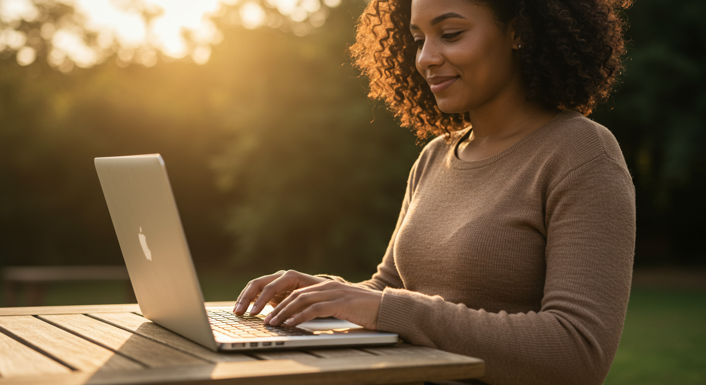 A woman is sitting outside on a deck applying for a job on her laptop.