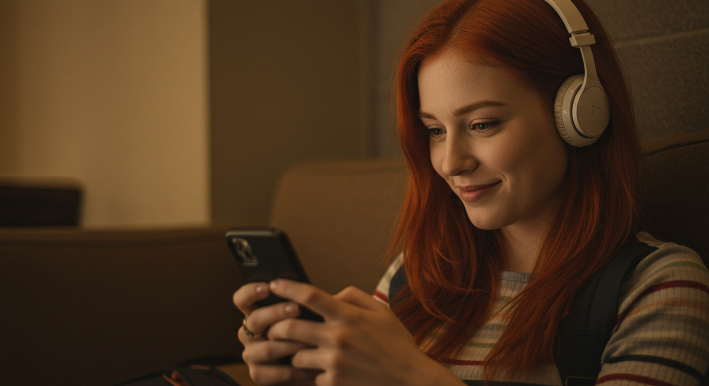 A young woman with over the ear headphones on watching a video on her phone.